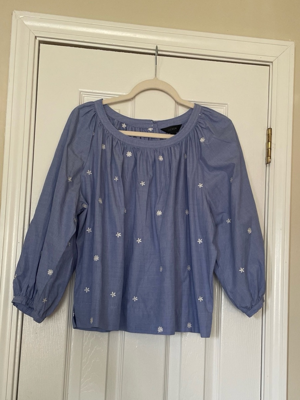 J. Crew Light Blue Embroidered Peasant Top
